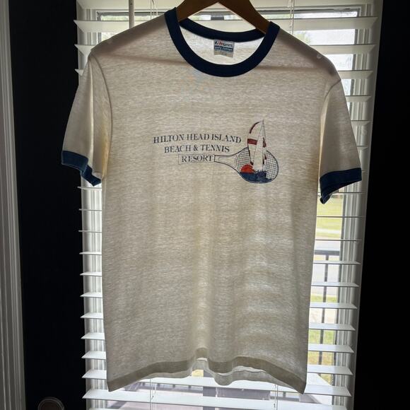 Vintage 1980s Paper Thin Burnout Hanes Ringer T-Shirt Size M Hilton Head - Picture 1 of 7